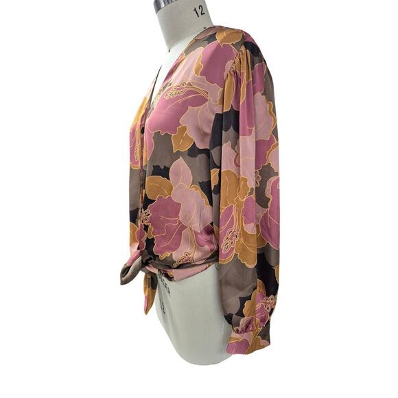 NWOT DR2 Romantic Satin Floral Blouse Tie Waist Button Down Balloon Sleeve Sz L - Picture 3 of 7